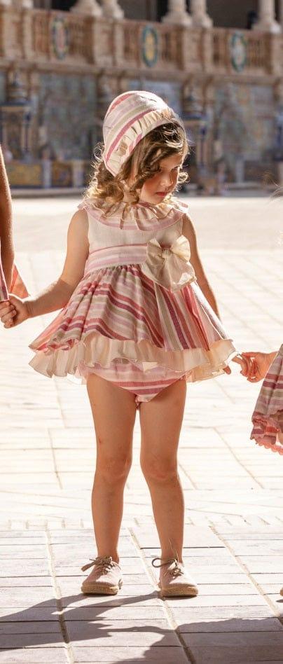 DBB Collection SS23 - Baby Girls Beige & Pink Stripe Dress, Knickers & Bonnet Set - Mariposa Children's Boutique