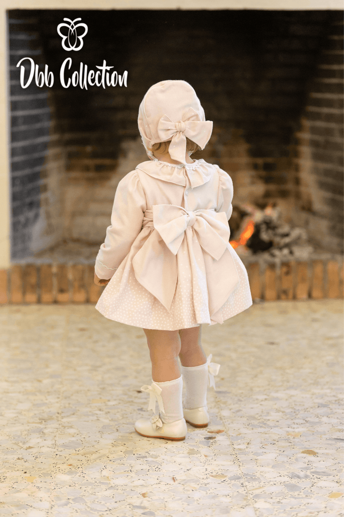 DBB Collection AW22 - Baby Girls Nude Dress, Knickers & Bonnet Set - Mariposa Children's Boutique