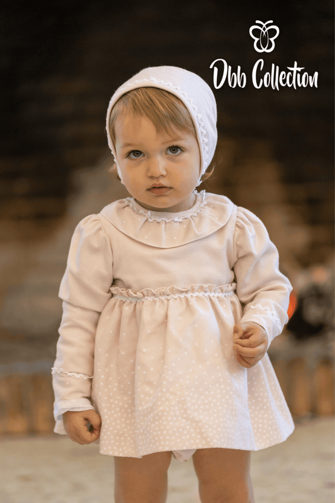 DBB Collection AW22 - Baby Girls Nude Dress, Knickers & Bonnet Set - Mariposa Children's Boutique