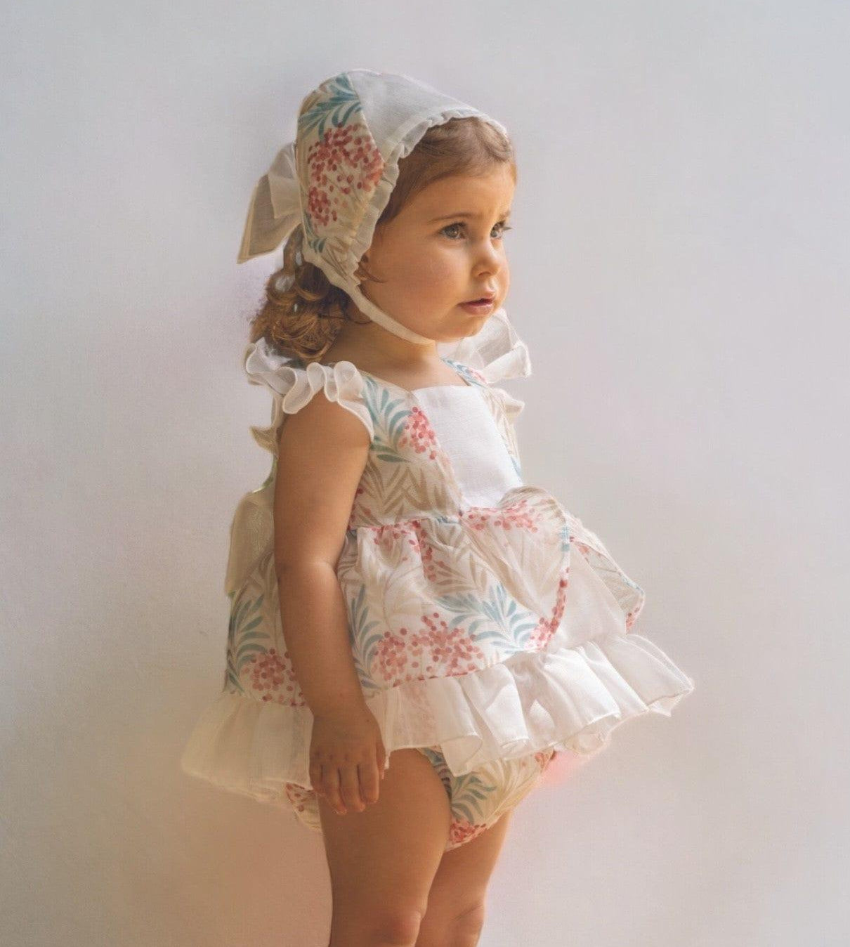 DBB Collection SS23 - Baby Girls Cream Floral Print Dress, Knickers & Bonnet - Mariposa Children's Boutique