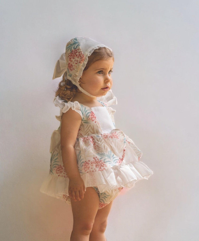 DBB Collection SS23 - Baby Girls Cream Floral Print Dress, Knickers & Bonnet - Mariposa Children's Boutique