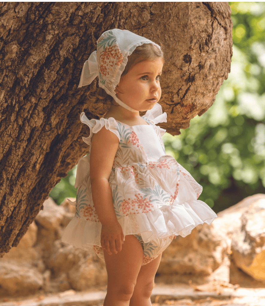 DBB Collection SS23 - Baby Girls Cream Floral Print Dress, Knickers & Bonnet - Mariposa Children's Boutique