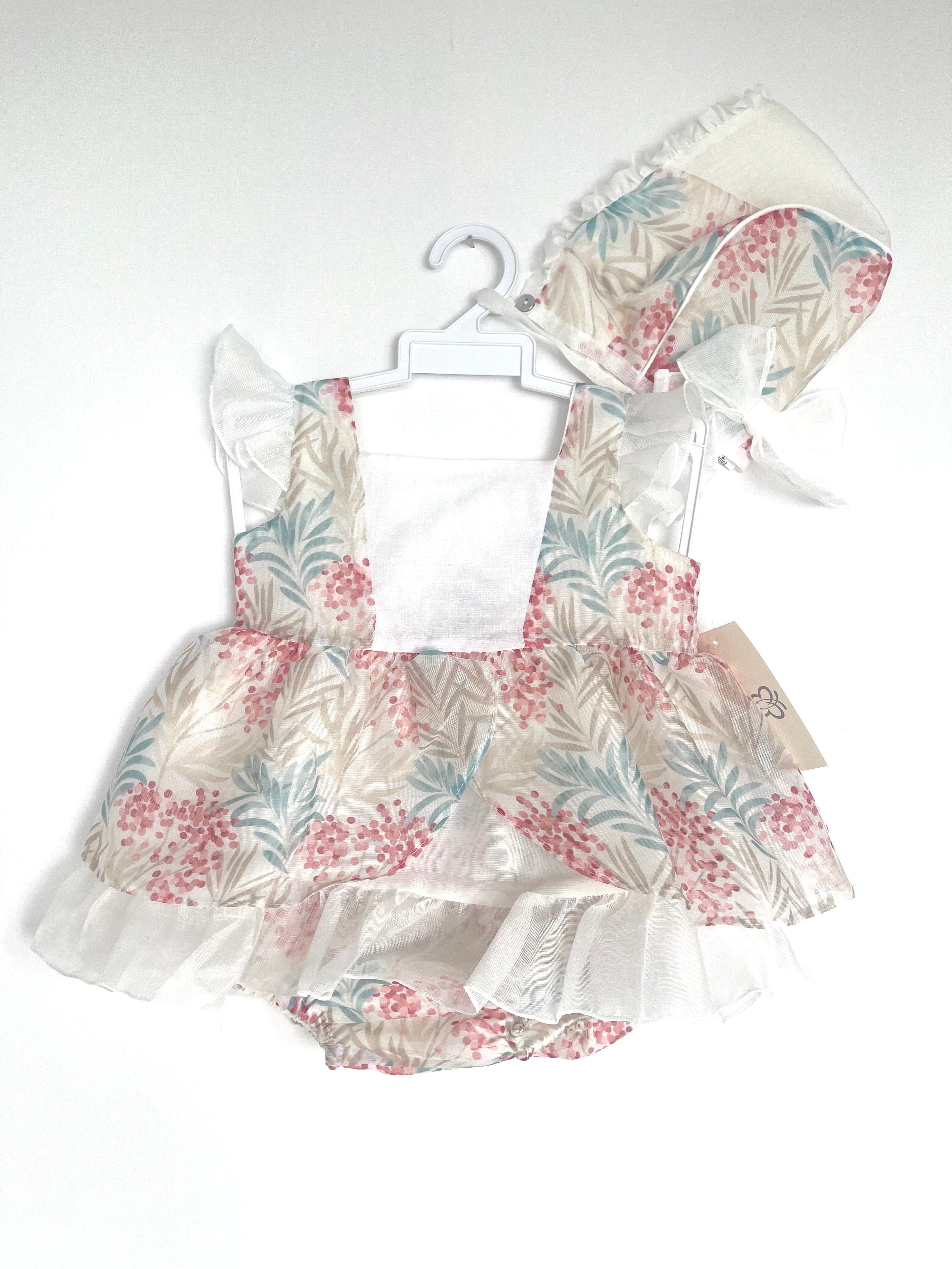 DBB Collection SS23 - Baby Girls Cream Floral Print Dress, Knickers & Bonnet - Mariposa Children's Boutique