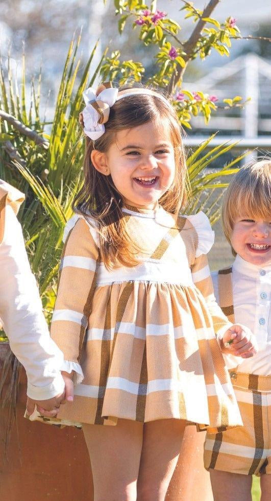 CLEARANCE SALE DBB Collection - Baby Girl's Mustard Check Dress, Knickers & Bonnet Set - Mariposa Children's Boutique