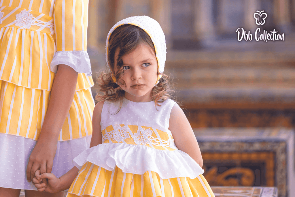 DBB Collection SS23 - Baby Girls Yellow & White Dress, Knickers & Bonnet Set - Mariposa Children's Boutique