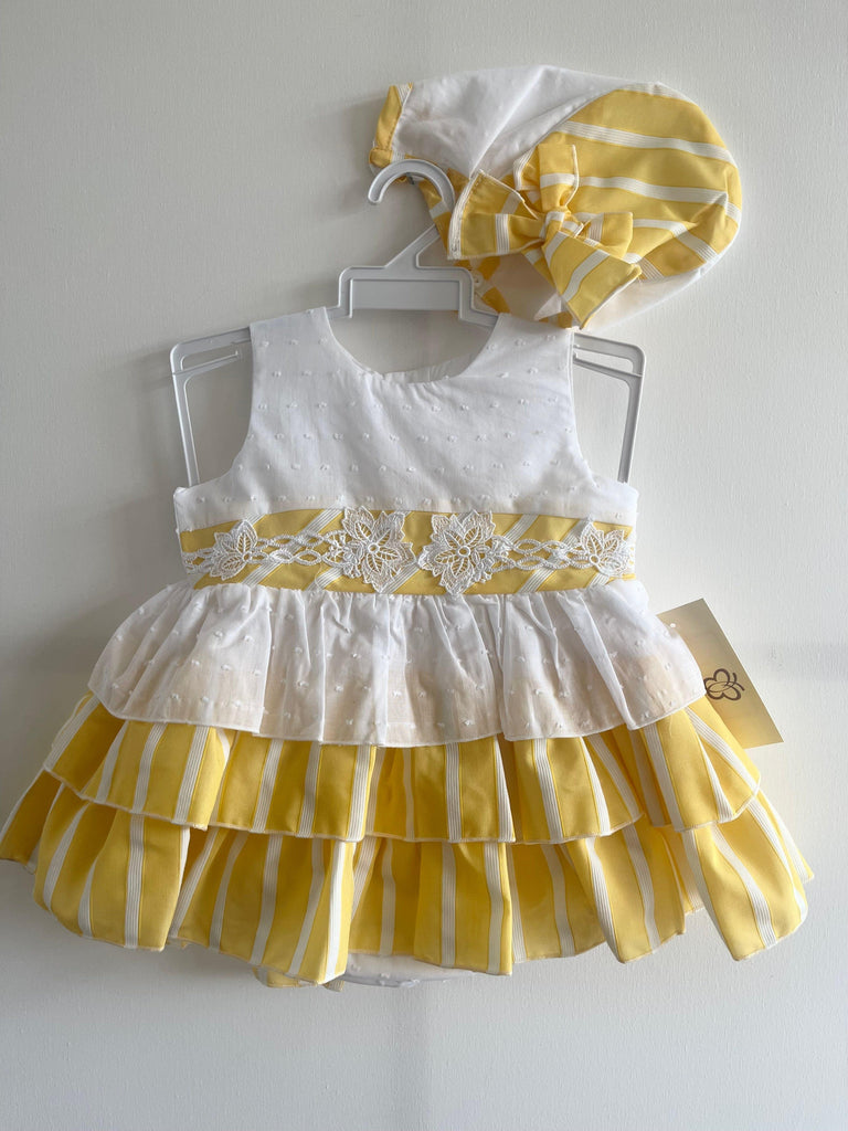 DBB Collection SS23 - Baby Girls Yellow & White Dress, Knickers & Bonnet Set - Mariposa Children's Boutique