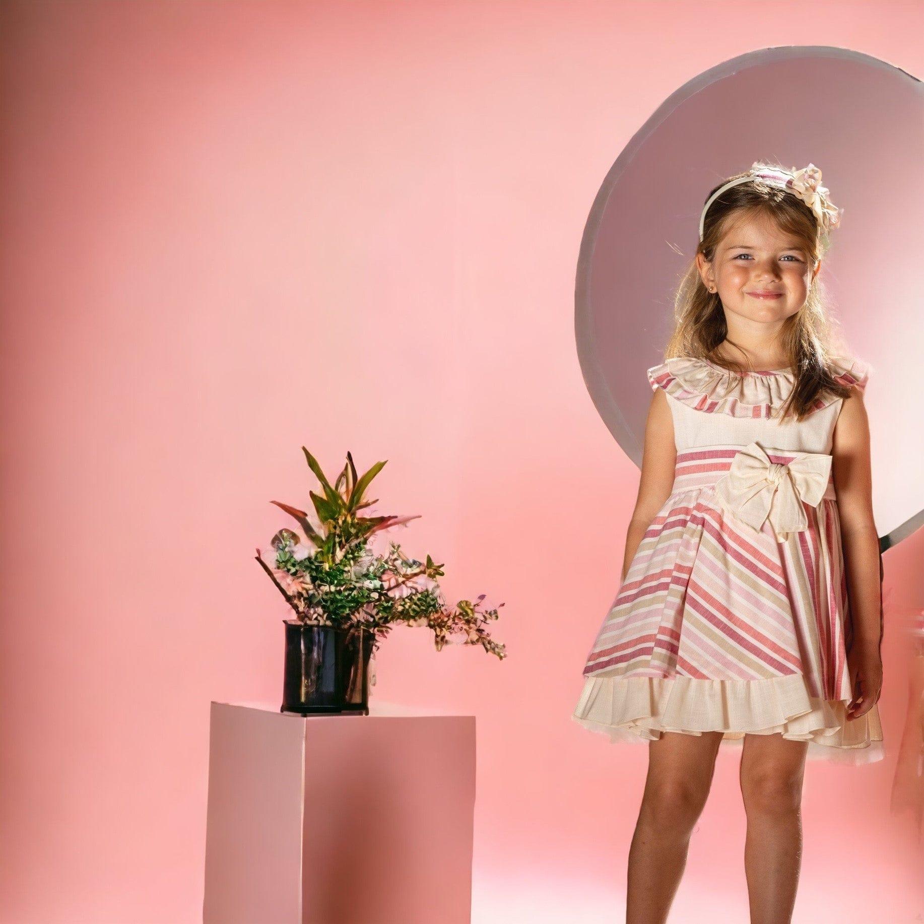 DBB Collection SS23 - Girls Beige & Pink Stripe Dress - Mariposa Children's Boutique