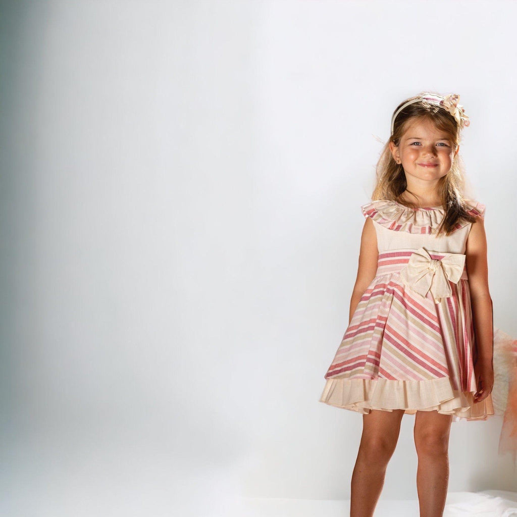 DBB Collection SS23 - Girls Beige & Pink Stripe Dress - Mariposa Children's Boutique