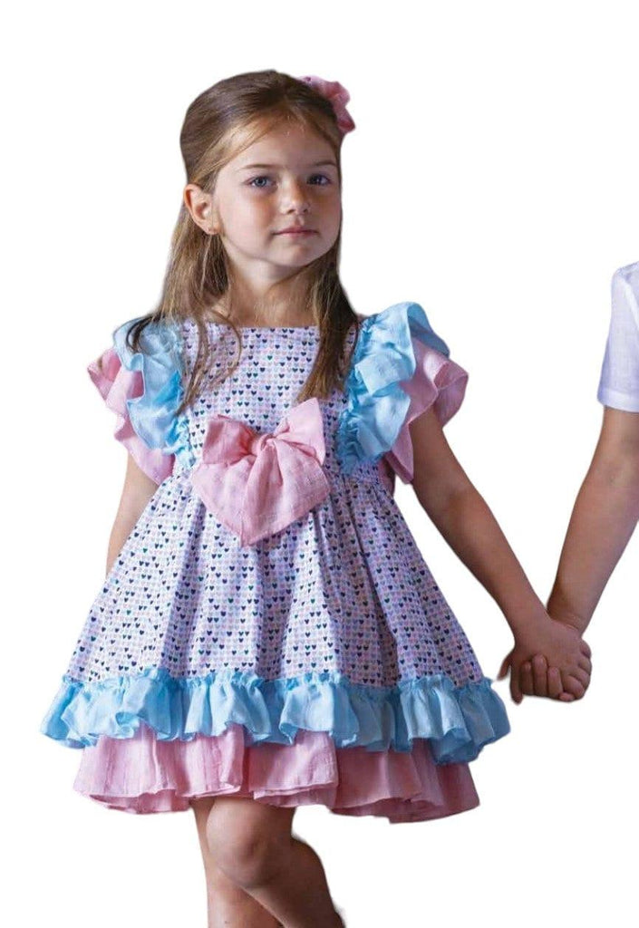 DBB Collection SS23 - Girls Heart Print Blue & Pink Dress - Mariposa Children's Boutique