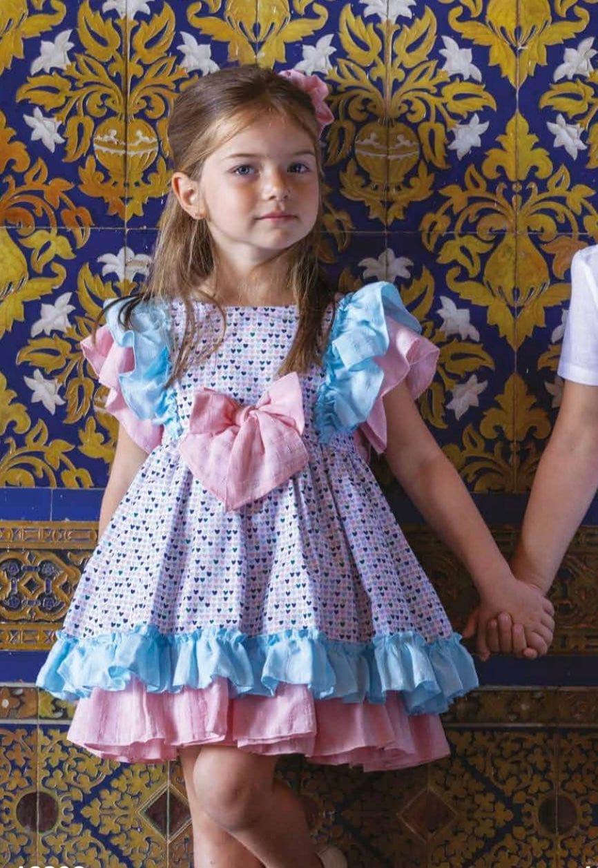 DBB Collection SS23 - Girls Heart Print Blue & Pink Dress - Mariposa Children's Boutique