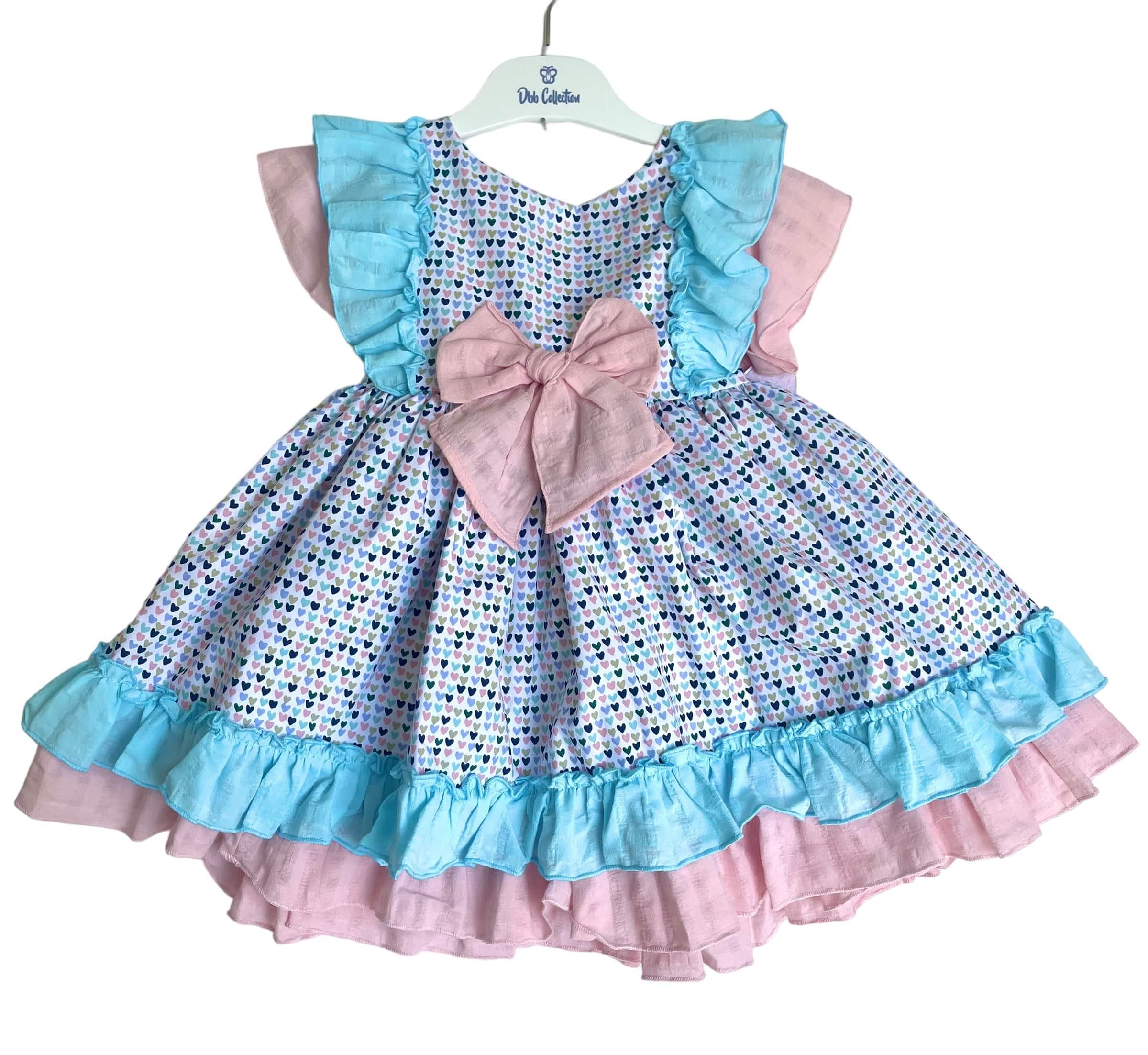 DBB Collection SS23 - Girls Heart Print Blue & Pink Dress - Mariposa Children's Boutique