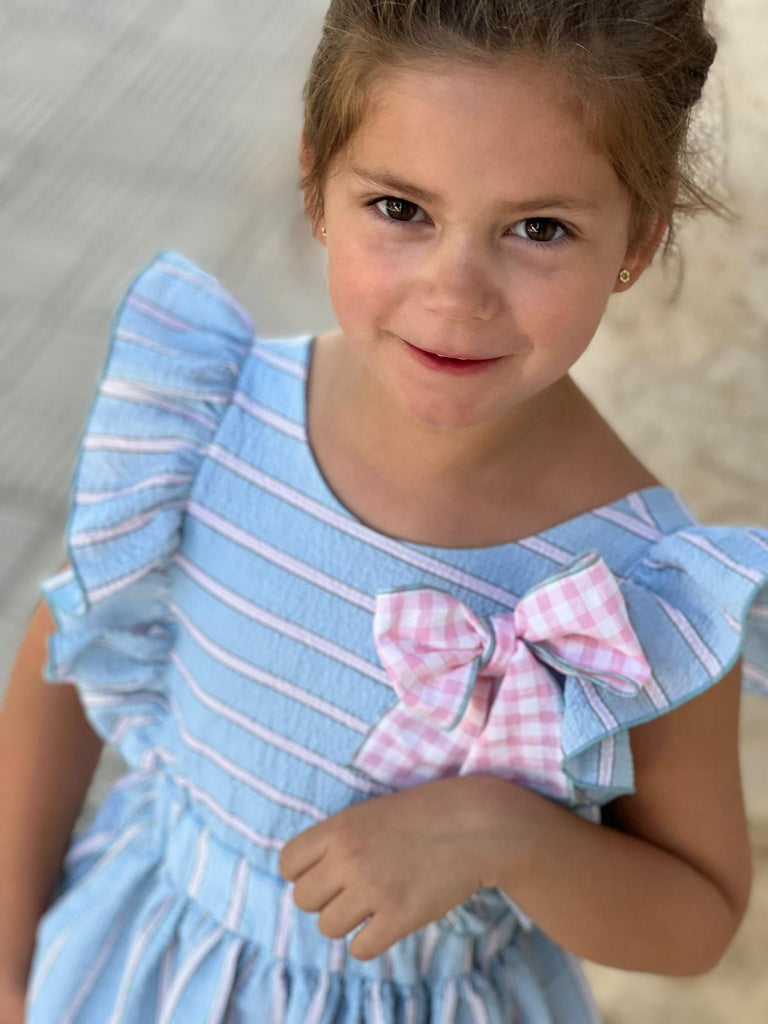 El Copo SS23 PRE-ORDER - Girls Blue & Pink Stripe Dress - Mariposa Children's Boutique