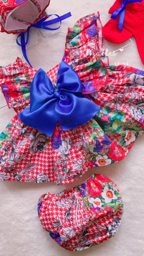 Ela Confeccion SS23 IN-STOCK - Girls Red & Blue Multi Print Floral Dress, Knickers & Bonnet Set - Mariposa Children's Boutique