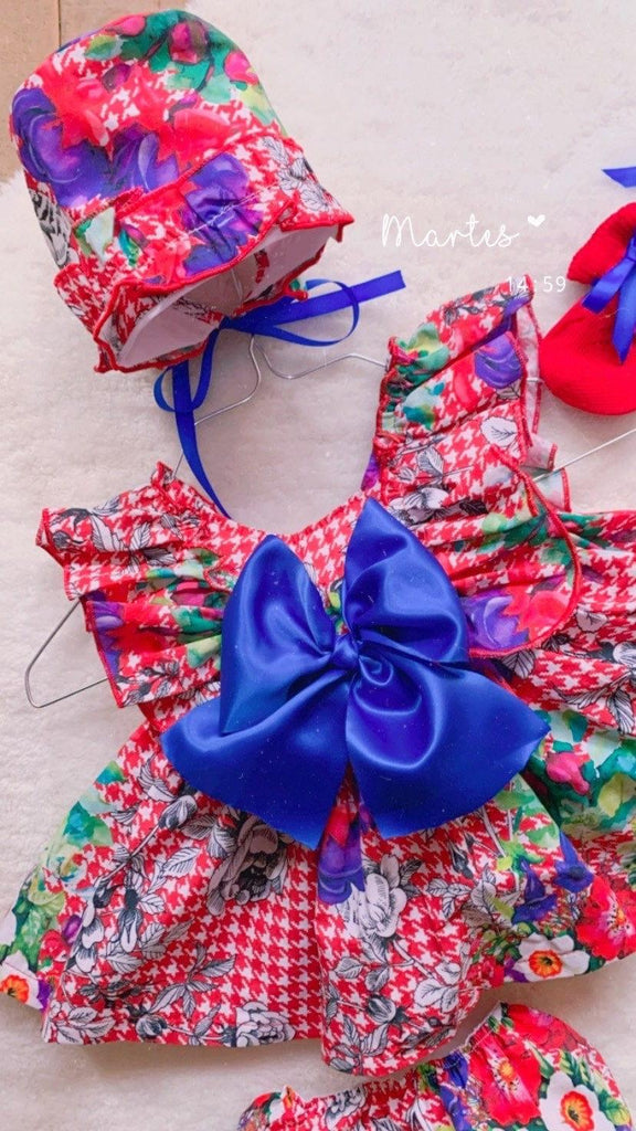 Ela Confeccion SS23 IN-STOCK - Girls Red & Blue Multi Print Floral Dress, Knickers & Bonnet Set - Mariposa Children's Boutique