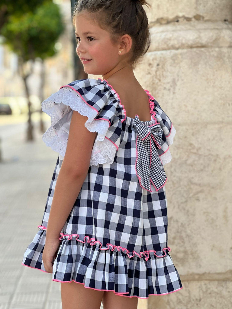 La Peppa SS23 - Girls Navy, White & Pink Check Summer Dress - Mariposa Children's Boutique