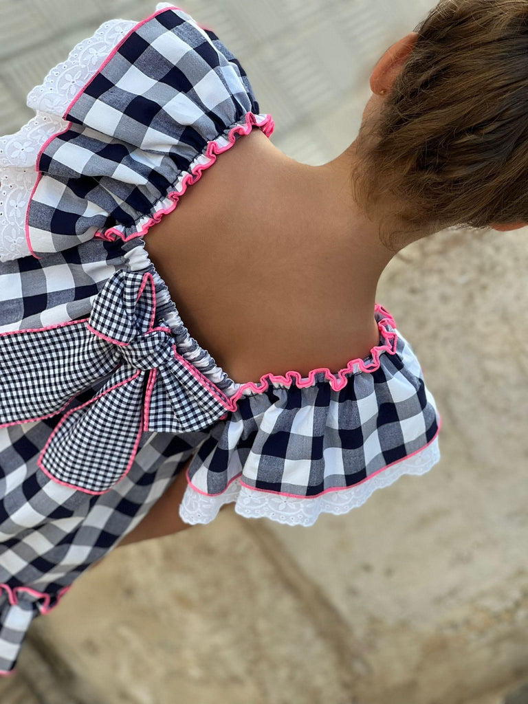 La Peppa SS23 - Girls Navy, White & Pink Check Summer Dress - Mariposa Children's Boutique