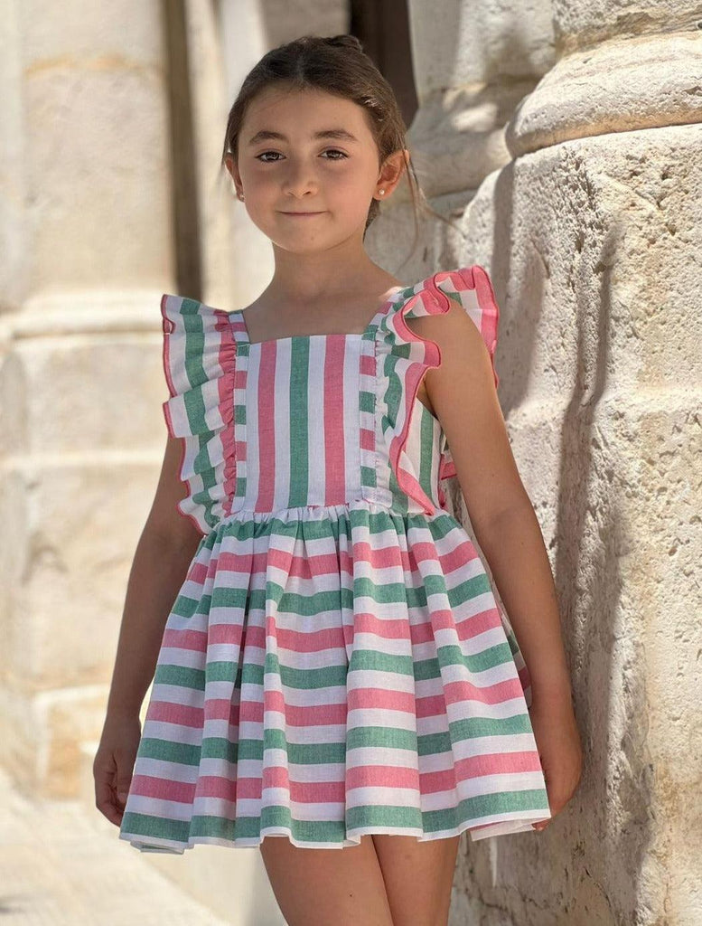 La Peppa SS23 - Girls White, Pink & Green Stripe Dress - Mariposa Children's Boutique