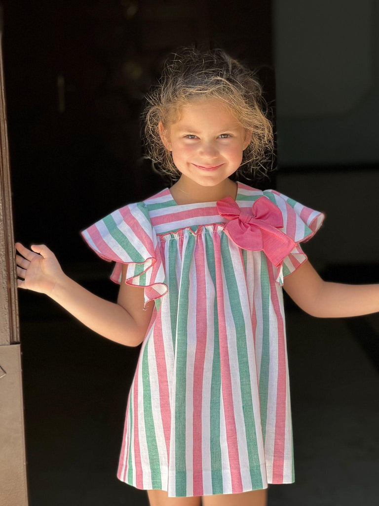 La Peppa SS23 - Girls White, Pink and Green Stripe Dress - Mariposa Children's Boutique