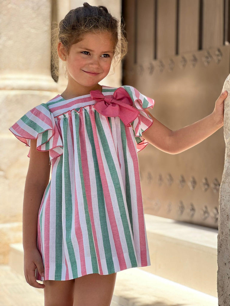 La Peppa SS23 - Girls White, Pink and Green Stripe Dress - Mariposa Children's Boutique