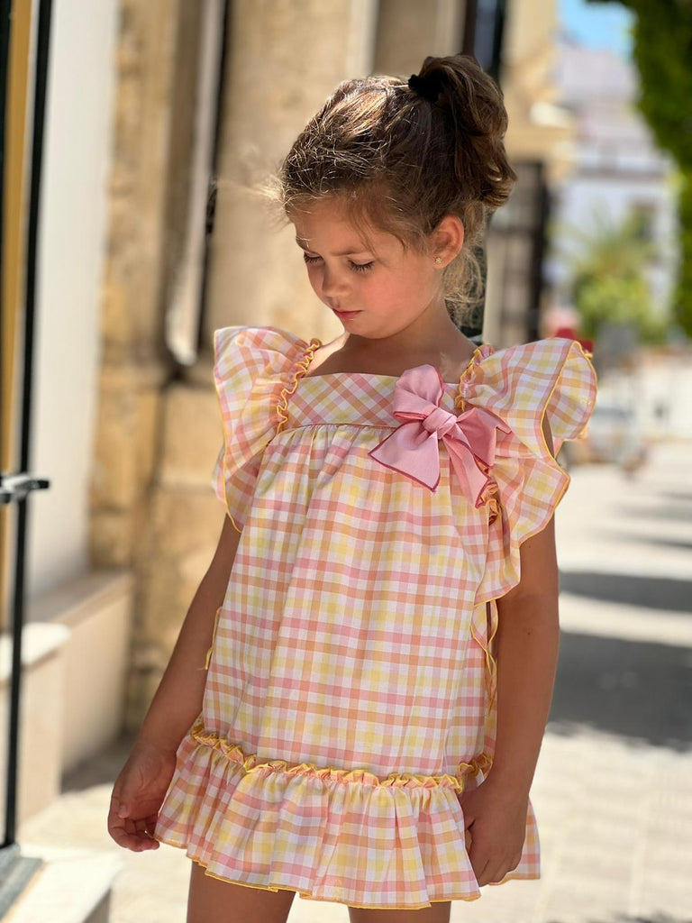 La Peppa SS23 - Lemon, Orange & Pink Check Summer Dress - Mariposa Children's Boutique