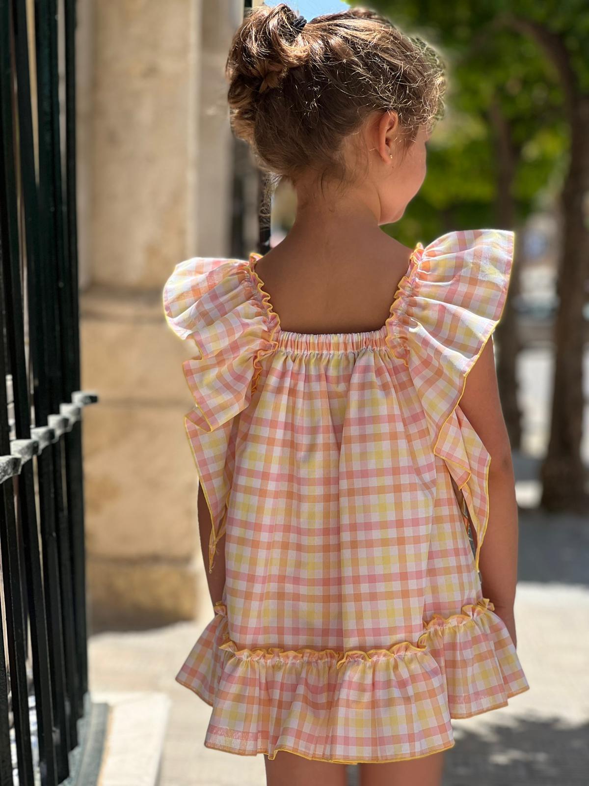 La Peppa SS23 - Lemon, Orange & Pink Check Summer Dress - Mariposa Children's Boutique