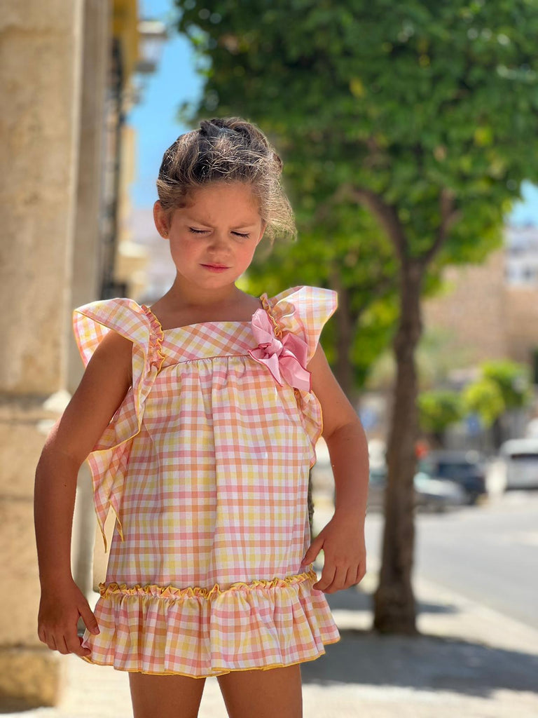 La Peppa SS23 - Lemon, Orange & Pink Check Summer Dress - Mariposa Children's Boutique