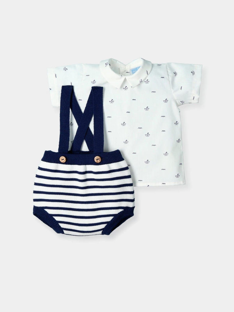 Mac Ilusion SS23 - Baby Boys Navy Knitted Short Dungarees with Matching Cotton Shirt - Mariposa Children's Boutique