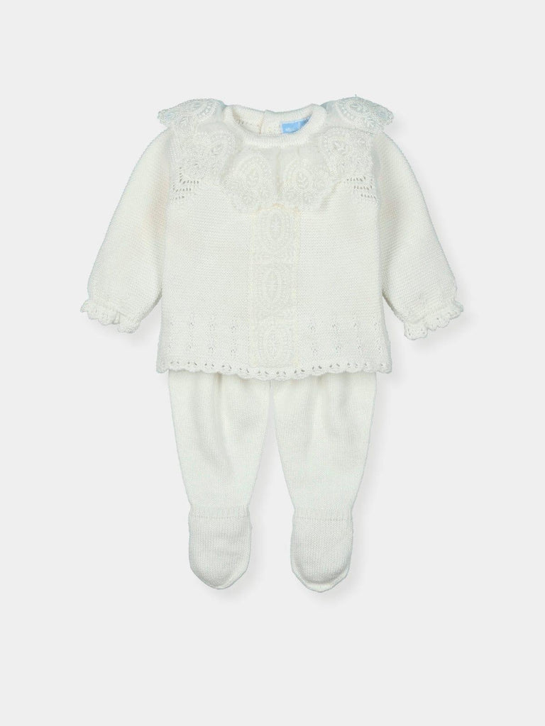 Mac Ilusion SS23 Baby Knitwear - Cream Unisex Knitted Set with Lace Collar Detail - Mariposa Children's Boutique