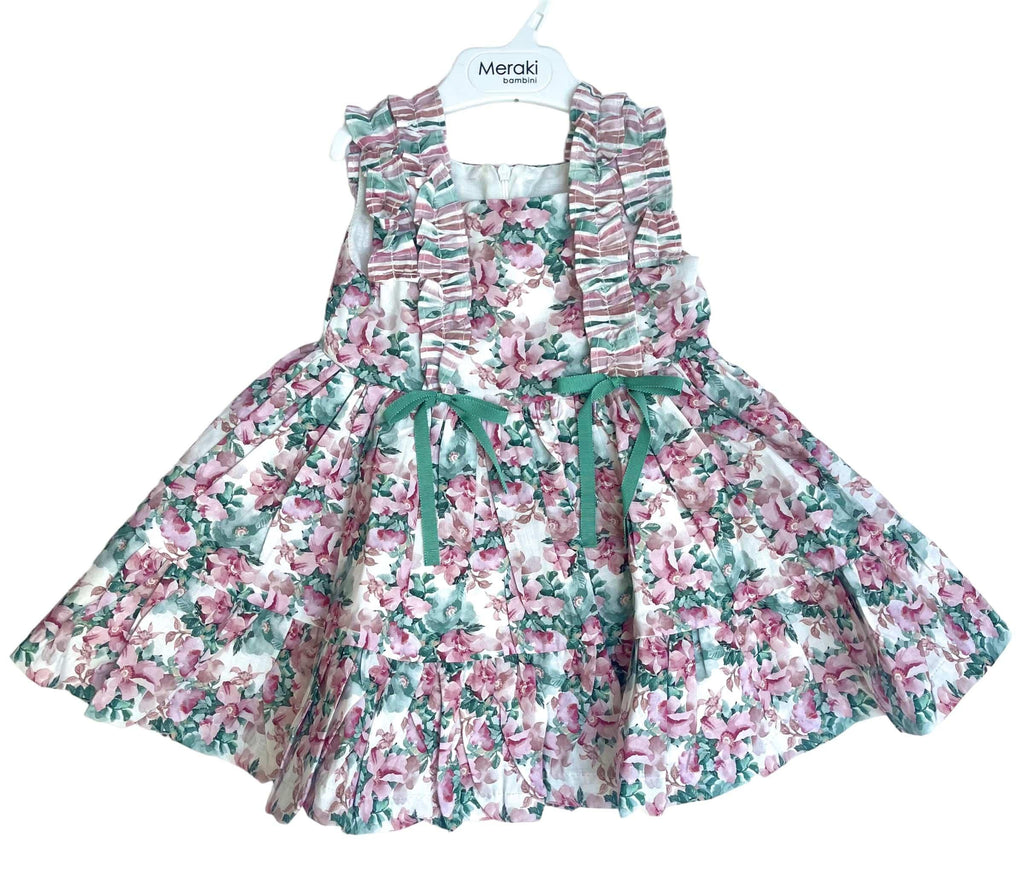 Meraki Bambini SS23 - Girls Rosas Pink & Green Floral Print Dress - Mariposa Children's Boutique