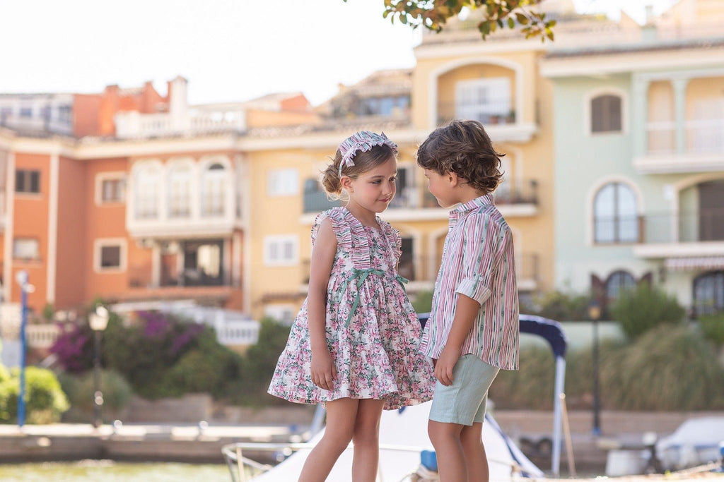 Meraki Bambini SS23 - Girls Rosas Pink & Green Floral Print Dress - Mariposa Children's Boutique