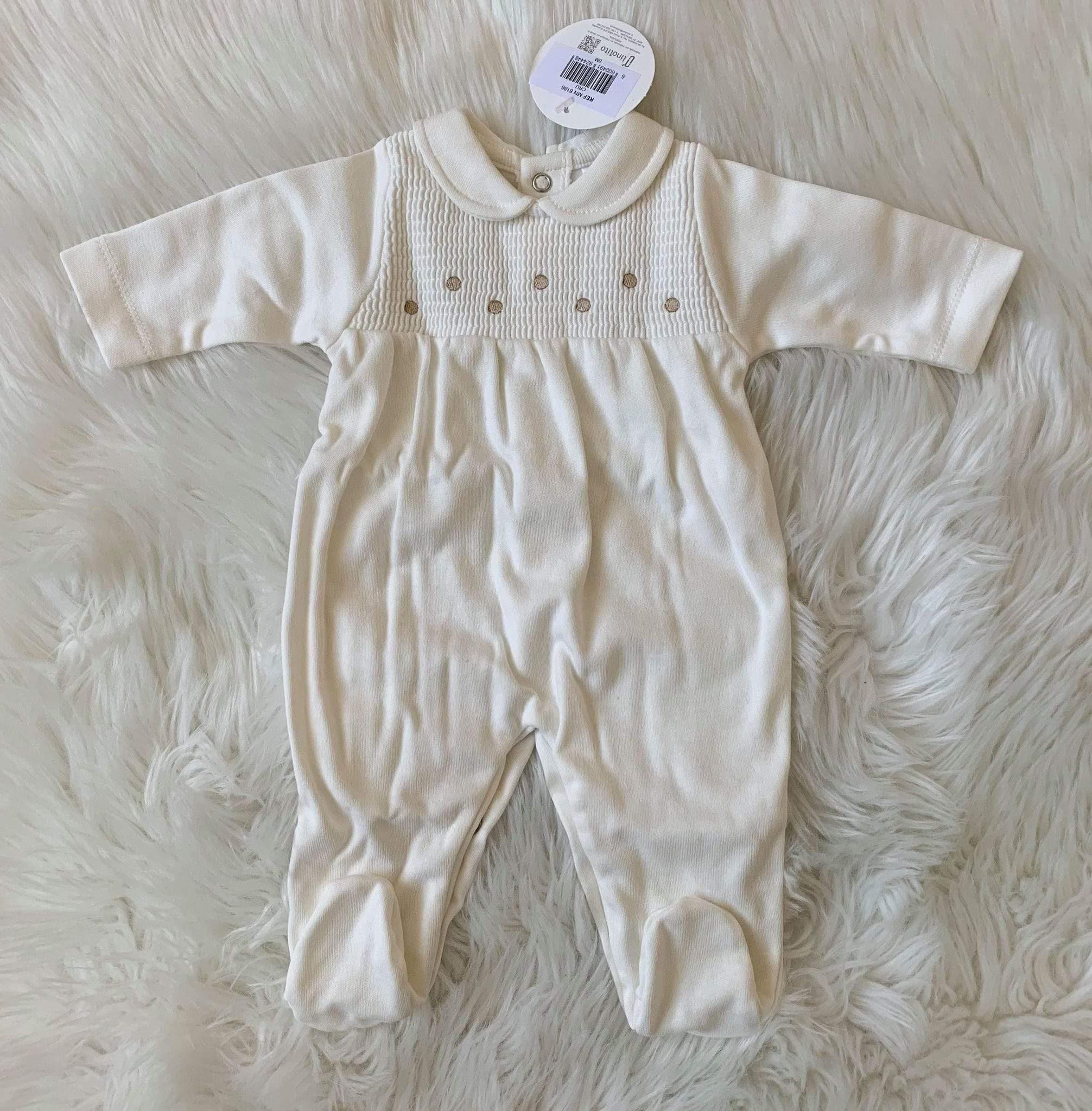 CLEARANCE SALE - Minhon - Unisex Baby Smocked Cream Romper Suit 6m - Mariposa Children's Boutique