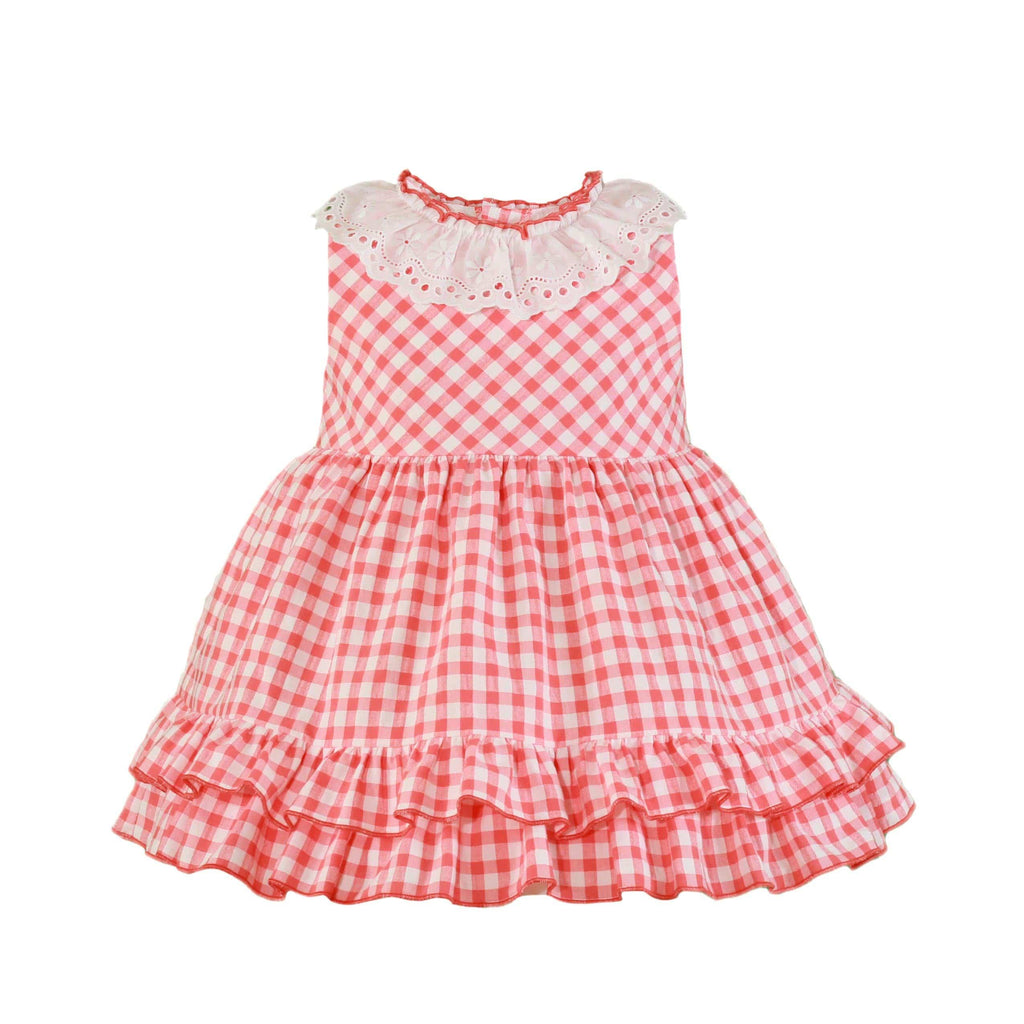 Miranda SS23 PRE-ORDER - Baby Girls Coral & White Check Dress 524V - Mariposa Children's Boutique