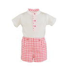 Miranda SS23 PRE-ORDER - Boys Coral and White Check Shorts & Shirt Set 524-23 - Mariposa Children's Boutique