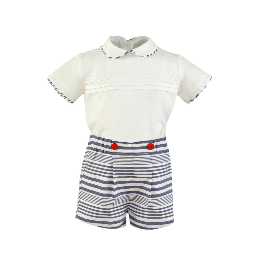Miranda SS23 PRE-ORDER - Boys White & Navy Shorts & Shirt Set 147-23 - Mariposa Children's Boutique