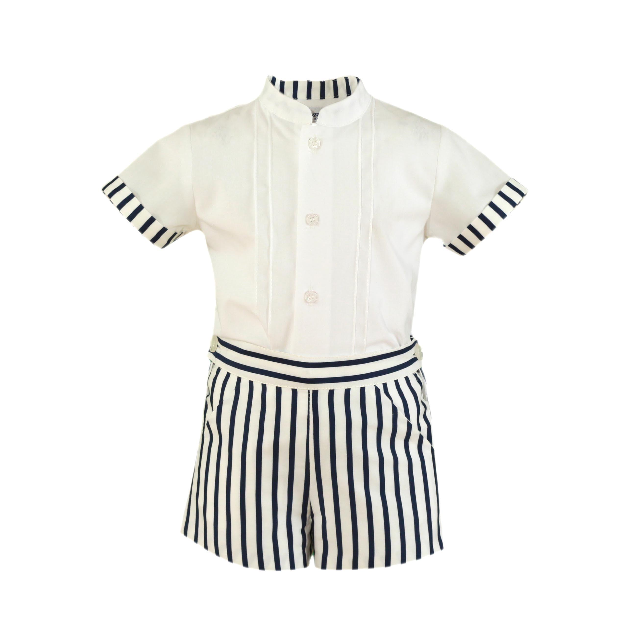 Miranda SS23 - Boys White & Navy Stripe Shorts & Set Set 153-23 - Mariposa Children's Boutique