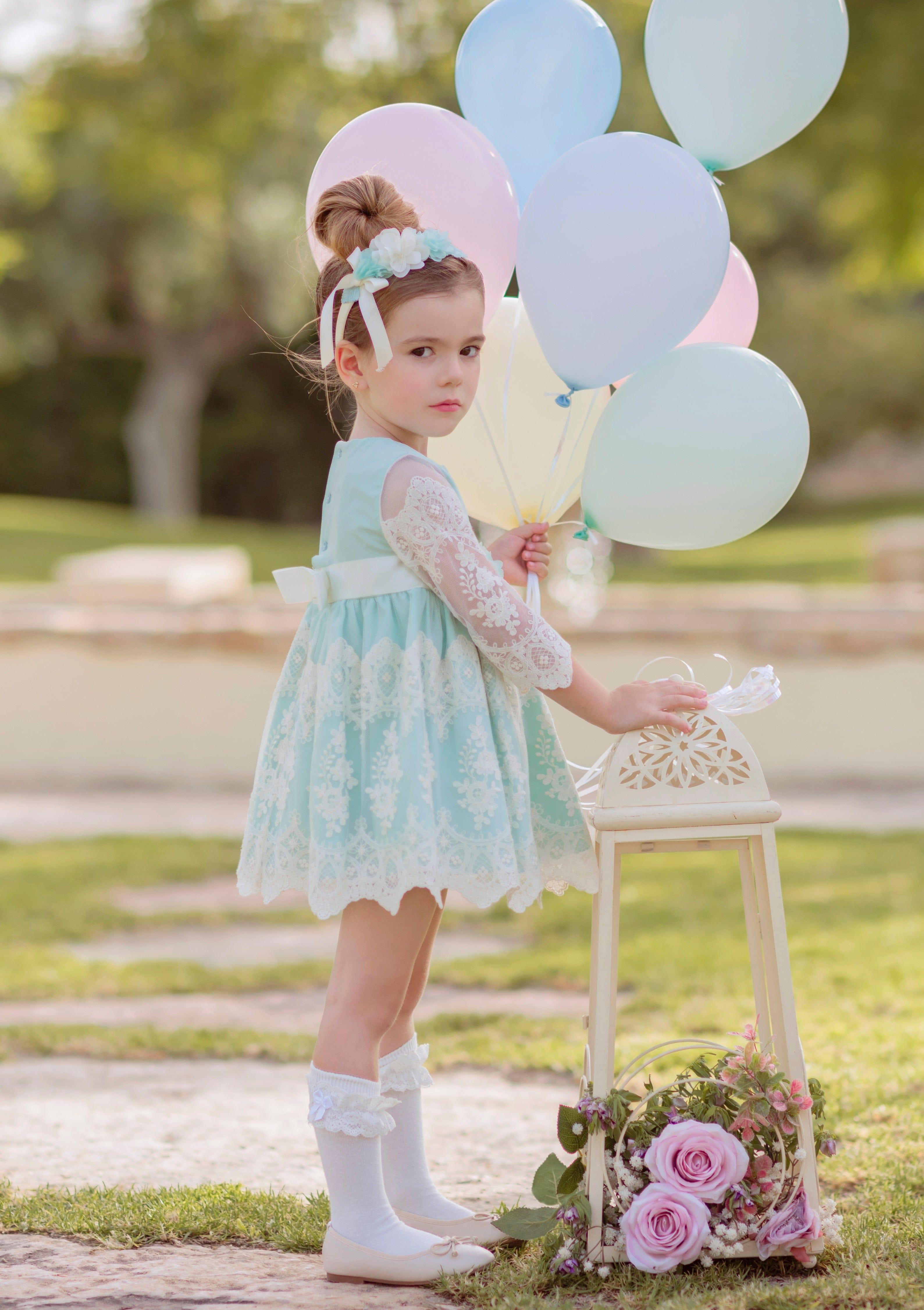 Miranda SS23 PRE-ORDER - Girls Green & Cream Dress 223V - Mariposa Children's Boutique