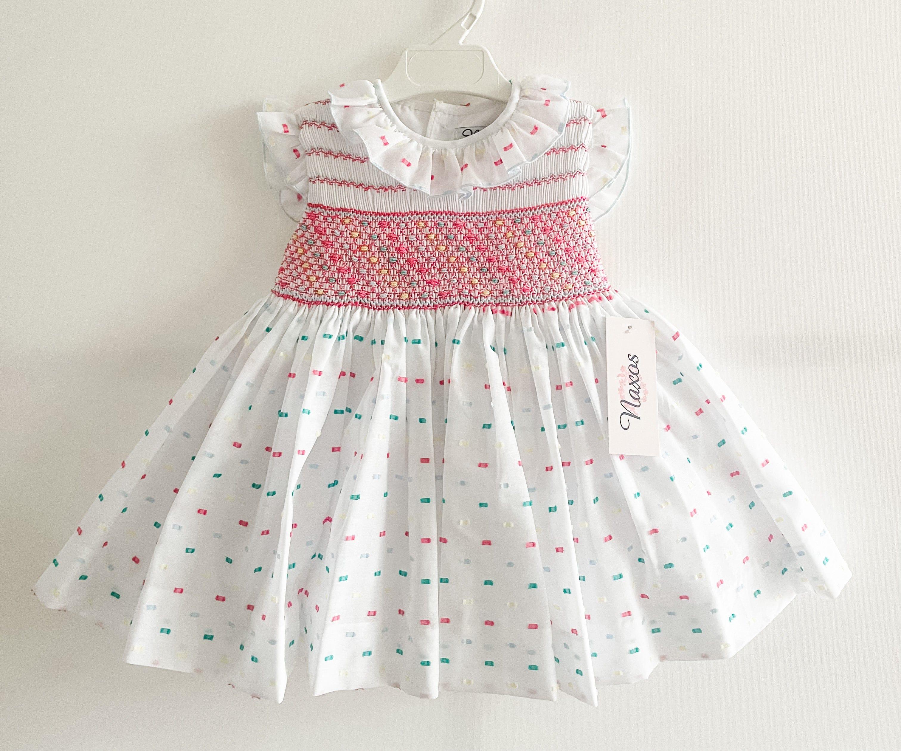 Naxos SS23 - Girls White & Multi Colour Smocked Dress - Mariposa Children's Boutique