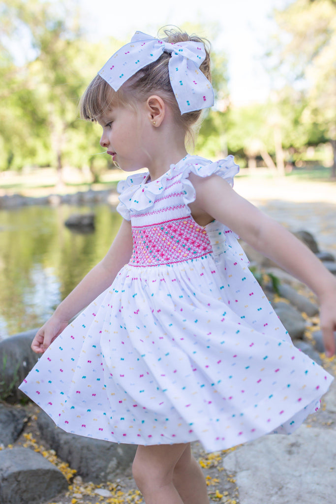 Naxos SS23 - Girls White & Multi Colour Smocked Dress - Mariposa Children's Boutique