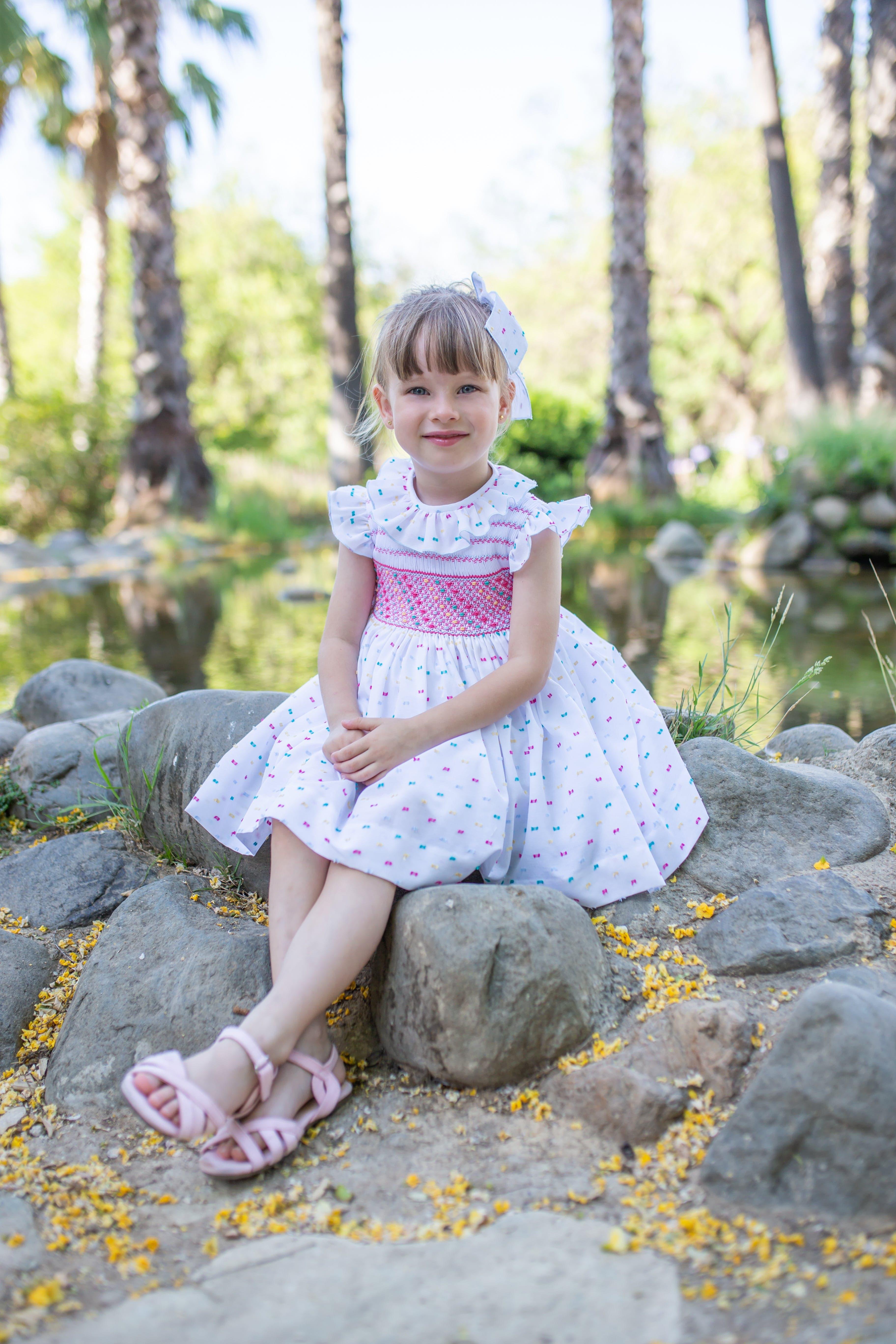 Naxos SS23 - Girls White & Multi Colour Smocked Dress - Mariposa Children's Boutique