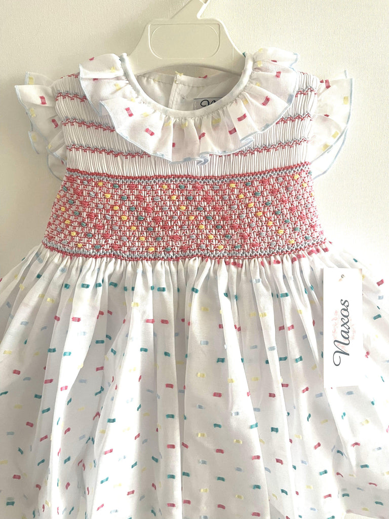 Naxos SS23 - Girls White & Multi Colour Smocked Dress - Mariposa Children's Boutique