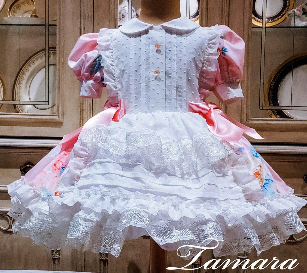 Exclusive Collection SS23 Made to Order - Girl’s Tamara Pink and White Floral Detail Puffball Dress - Mariposa Children's Boutique