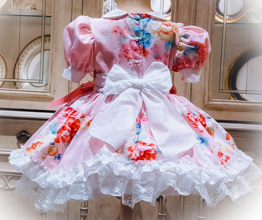 Exclusive Collection SS23 Made to Order - Girl’s Tamara Pink and White Floral Detail Puffball Dress - Mariposa Children's Boutique