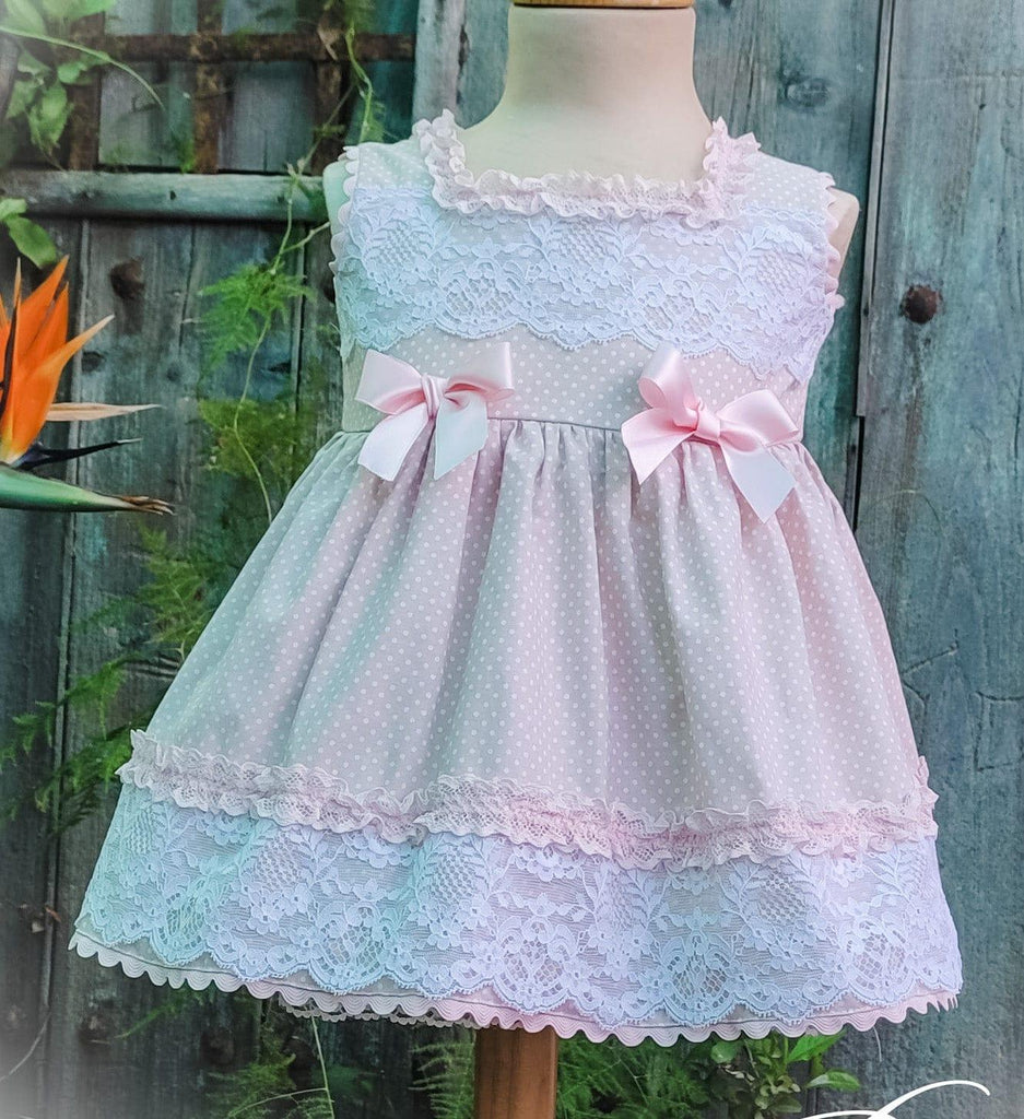 Exclusive Collection SS23 PRE-ORDER - Girls Baby Pink & White Lace Bibi Dress - Mariposa Children's Boutique