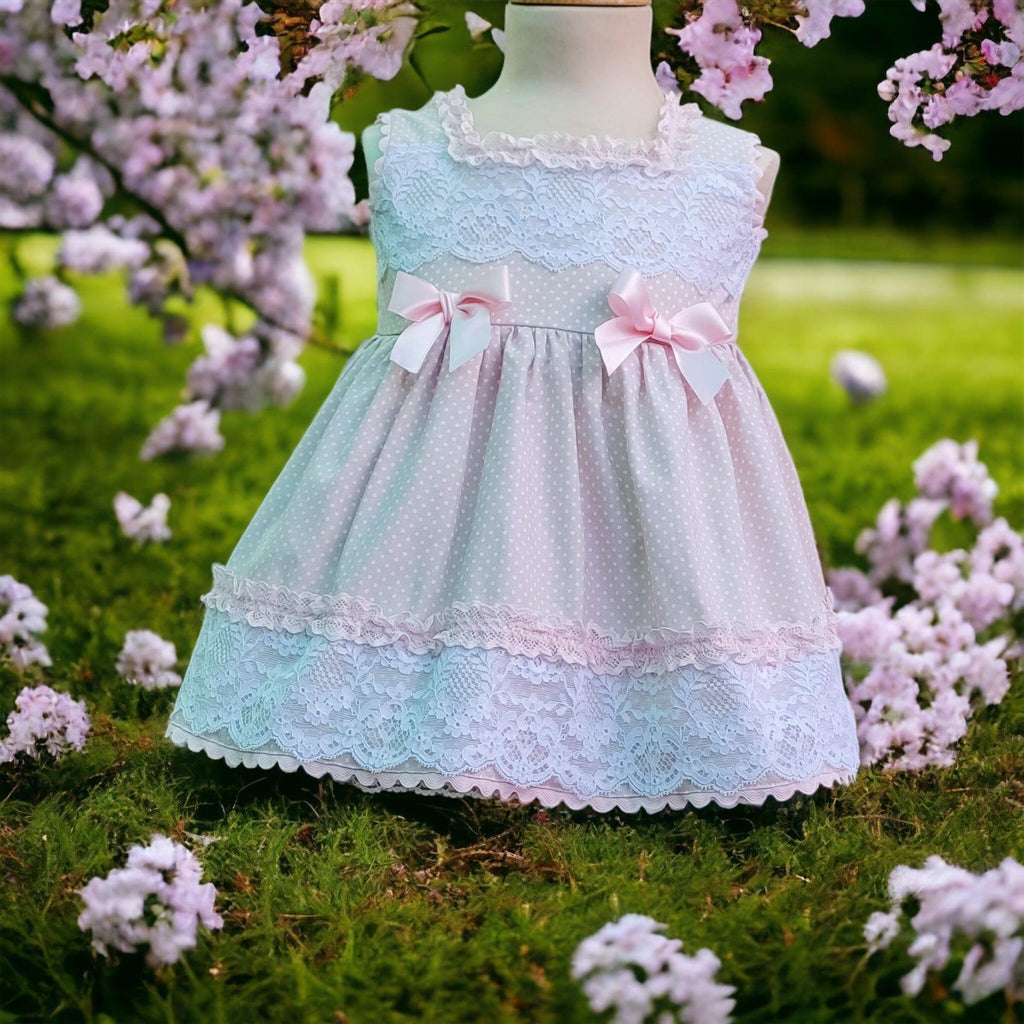 Exclusive Collection SS23 PRE-ORDER - Girls Baby Pink & White Lace Bibi Dress - Mariposa Children's Boutique