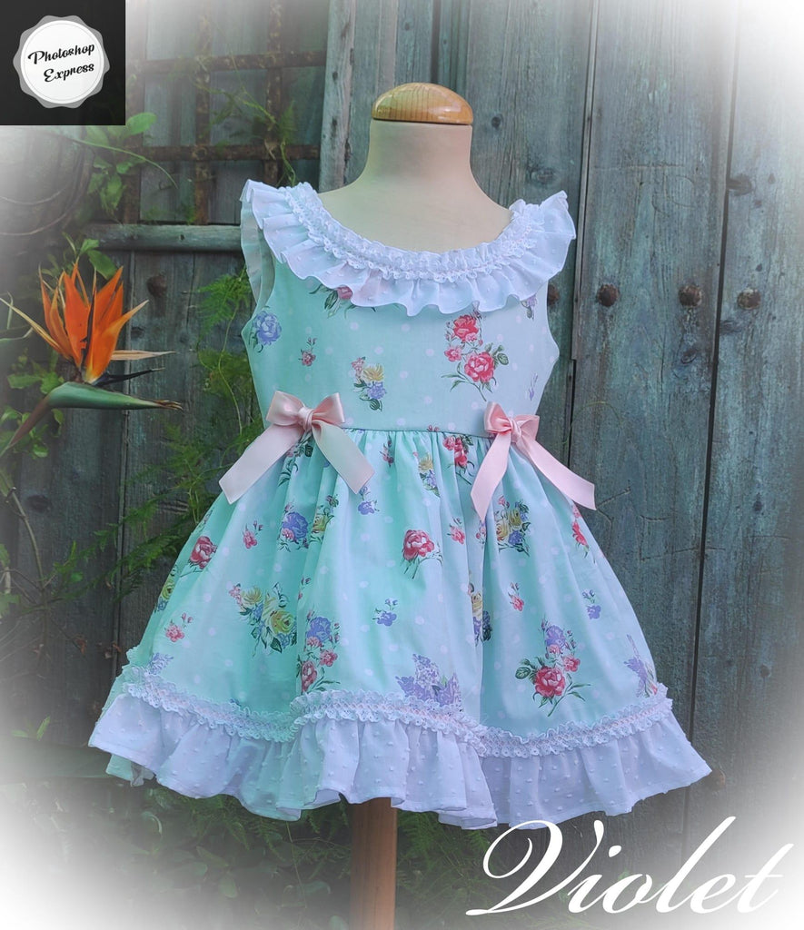 Exclusive Collection SS23 PRE-ORDER - Girls Violet Mint Green Floral Print Dress - Mariposa Children's Boutique