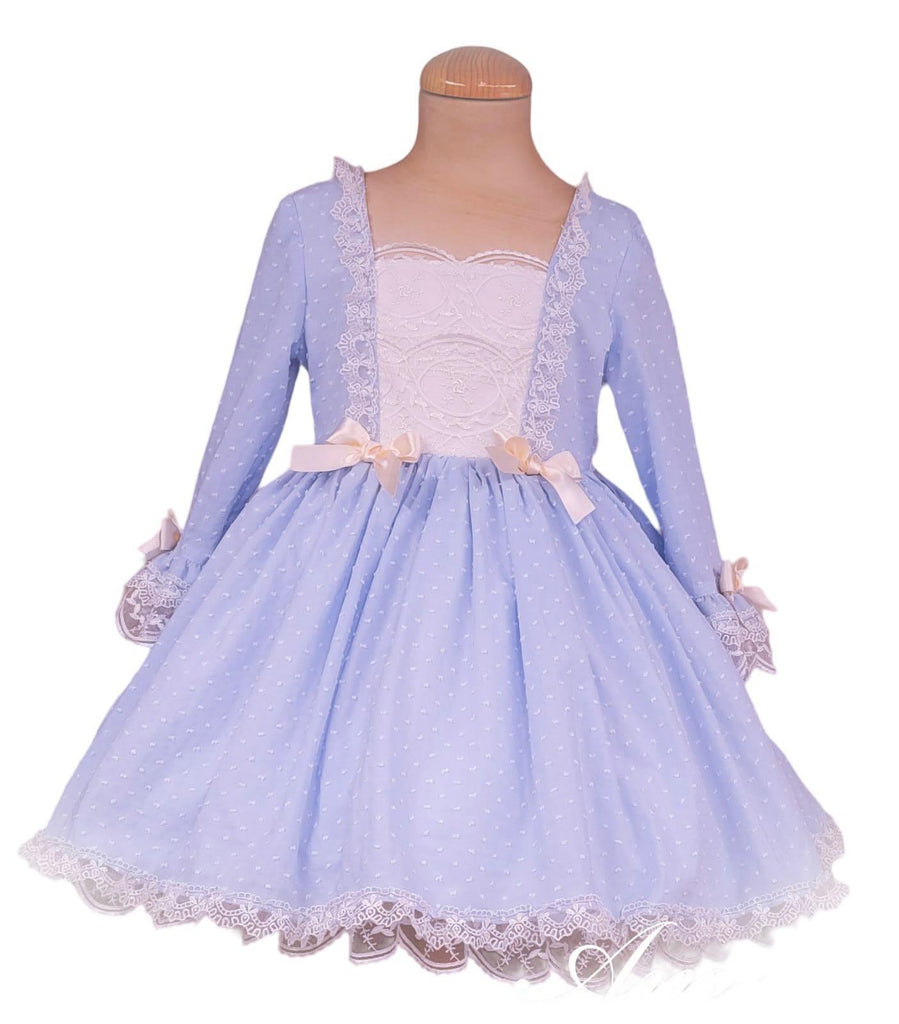 Exclusive Handmade to Order - Girl’s Amelie Baby Blue & Cream Puffball Dress - Mariposa Children's Boutique