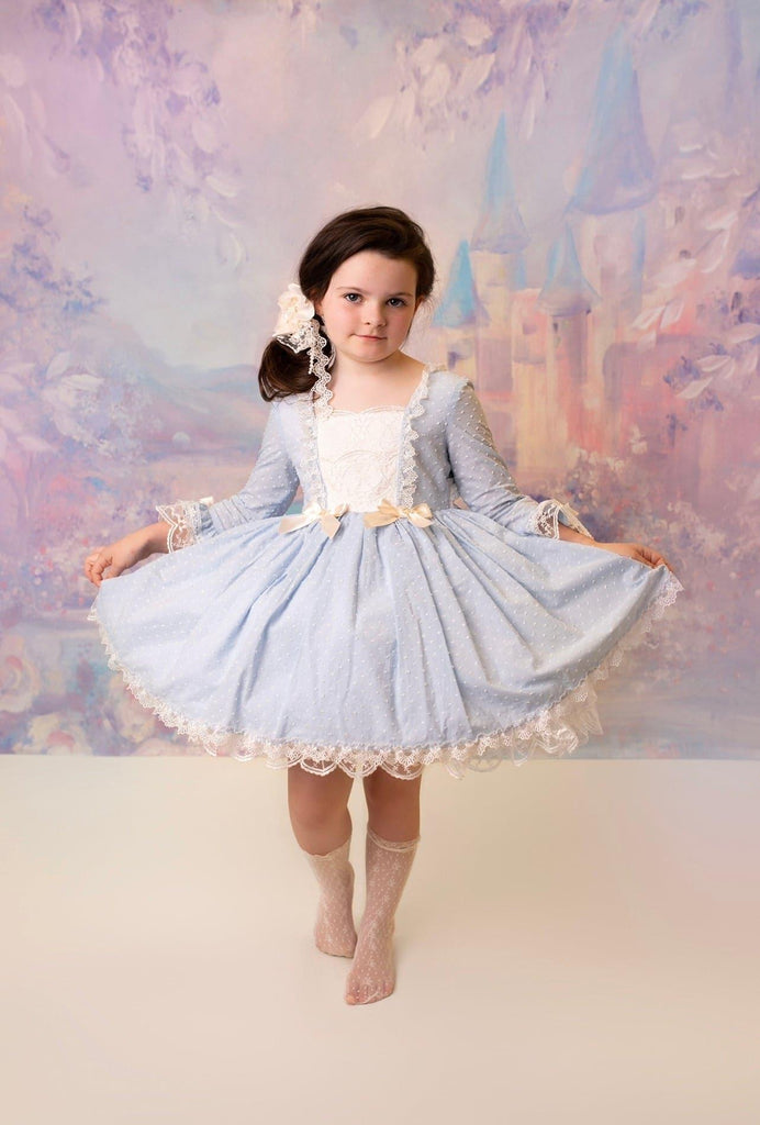 Exclusive Handmade to Order - Amelie Baby Blue & Cream Puffball Dress - Mariposa Children's Boutique
