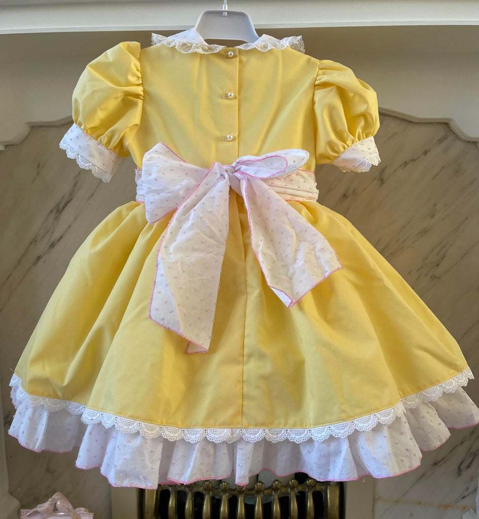 Exclusive Handmade to Order Belle Yellow, White & Pink Dress - Mariposa Children's Boutique