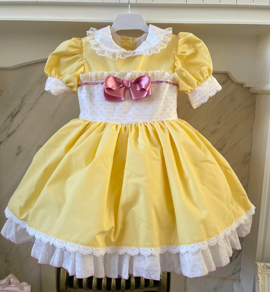 Exclusive Handmade to Order Belle Yellow, White & Pink Dress - Mariposa Children's Boutique