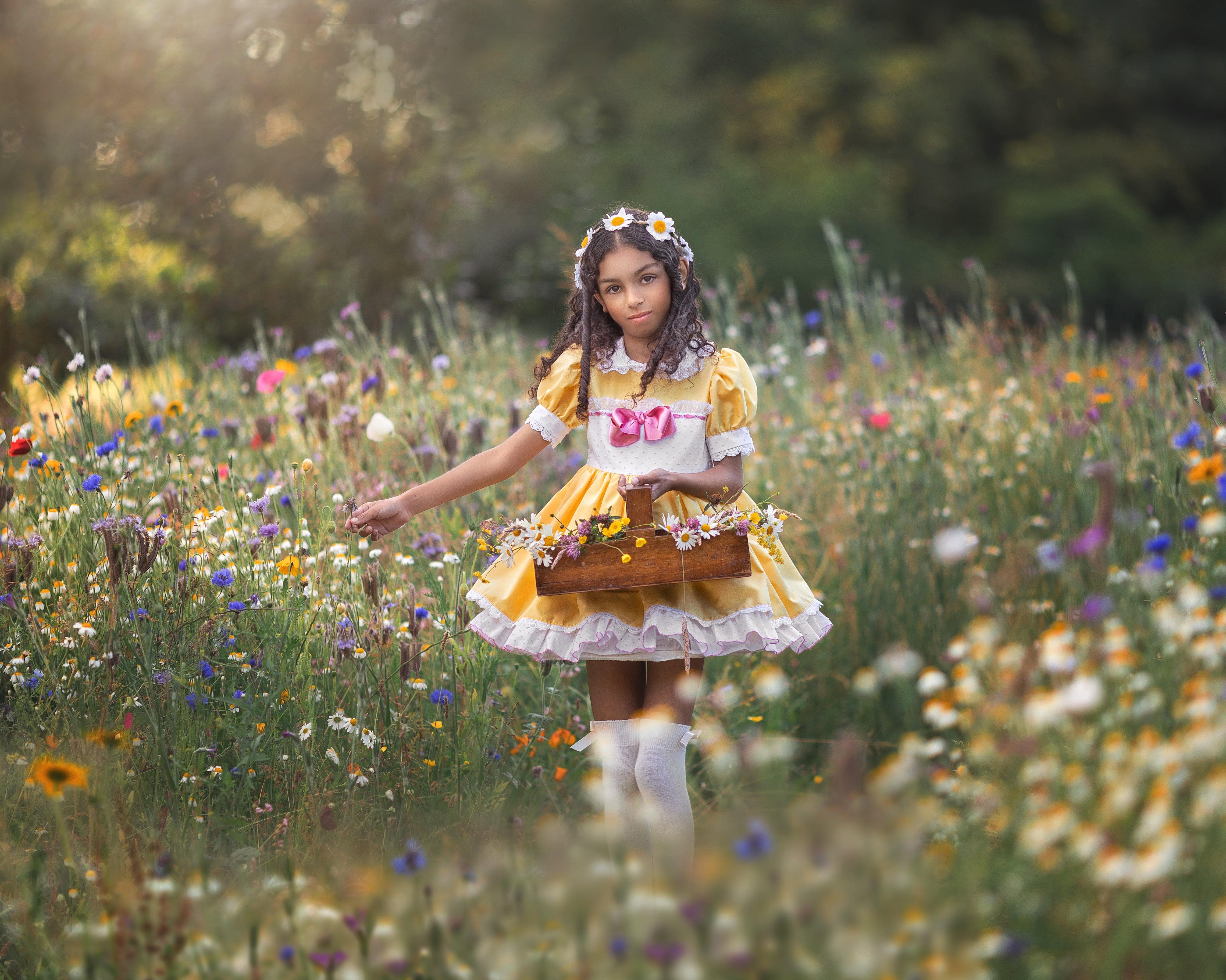 Exclusive Handmade to Order - Belle Yellow, White & Pink Puffball Dress - Mariposa Children's Boutique